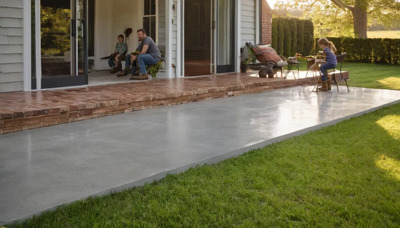 A newly finished concrete patio behind a brick home in the South Fulton area