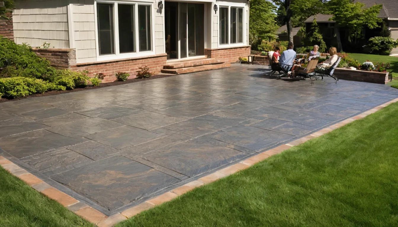 A newly stamped slate-look concrete patio behind a brick home in the South Fulton area